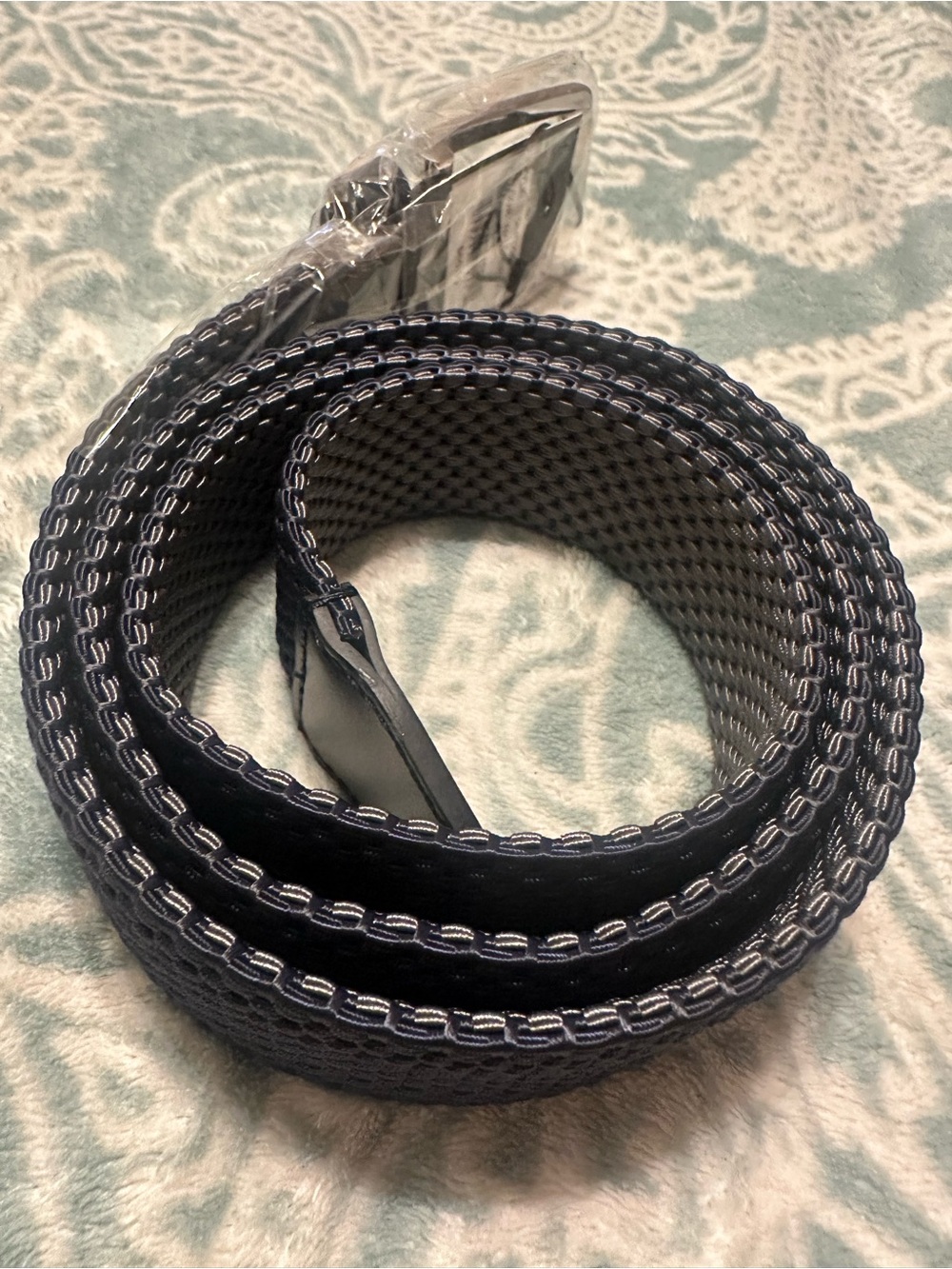 NWT PX Men’s Size M Navy Grey Woven Stretch Belt Leather Trim Adjustable